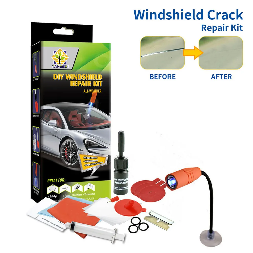 Car Windshield Repair Kit with Curing Lamp Quick Fix Cracked Glass Windscreen Resin Sealer DIY Auto Window Screen Crack Restore