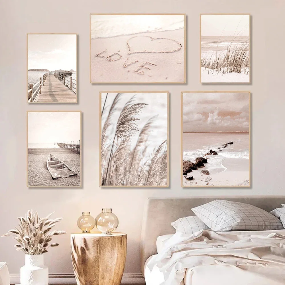 

Sea Beach Landscape Art Prints Boat Bridge Canvas Painting Reed Poster Sand Hands Print Nordic Wall Pictures Living Room Decor