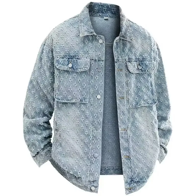 

Spring Autumn Retro Washed Old Jacquard Denim Jackets Men Design Sense Floral Loose Casual Top Lapel Spliced Coat Men's Clothing