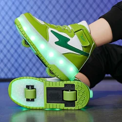 High-top leather LED charging running horse lights children's walking shoes boys invisible double roller skates can walk girls