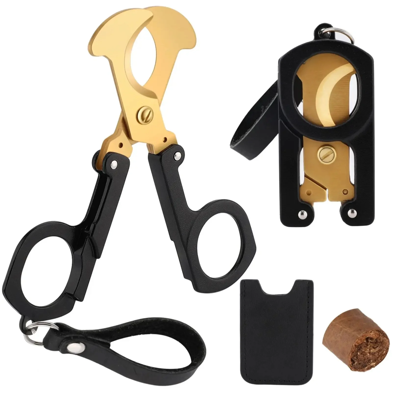 

Cigar Cutter Stainless Steel Guillotine Double Cut Blade Cigar Scissors Cutter with Leather Case Key Ring Hand-Held Straight Cut