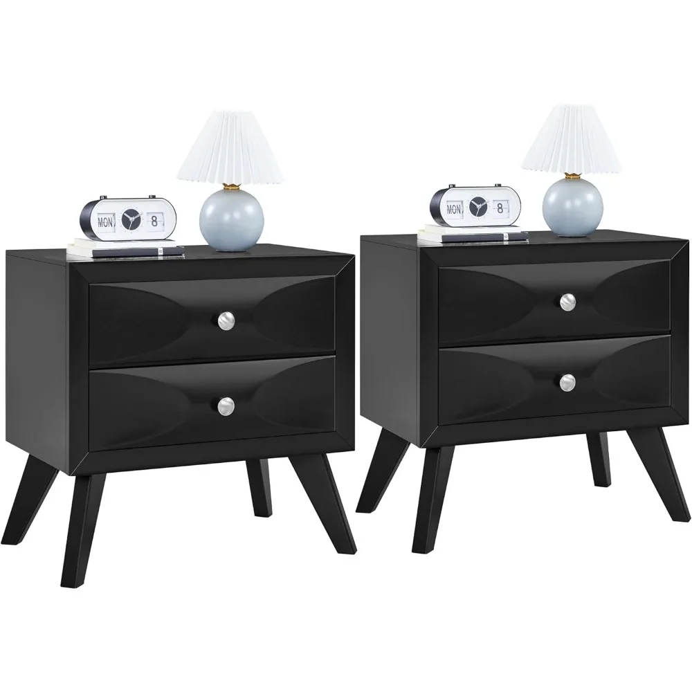 

pair of semi-assembled nightstands with dual drawers and solid wood legs, spacious bedside storage tables