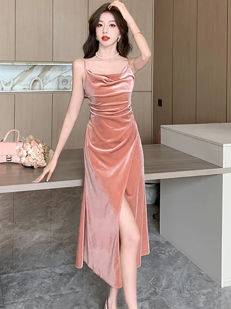 Women Pink Velvet Luxury Party Vestidos 2024 New Korean Fashion Sling Sexy Slit Long Dress Autumn Winter Elegant Bodycon Dresses