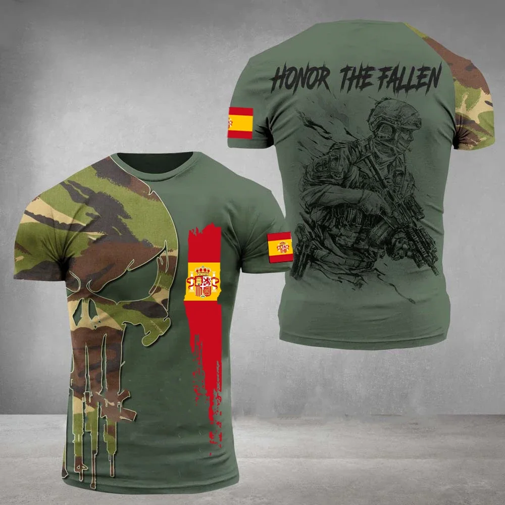 Fashion New Spanish Army Men\'s T-Shirt Veteran Soldier Flag Print Summer Short Sleeve Oversized O Neck Pullover Tops Clothing