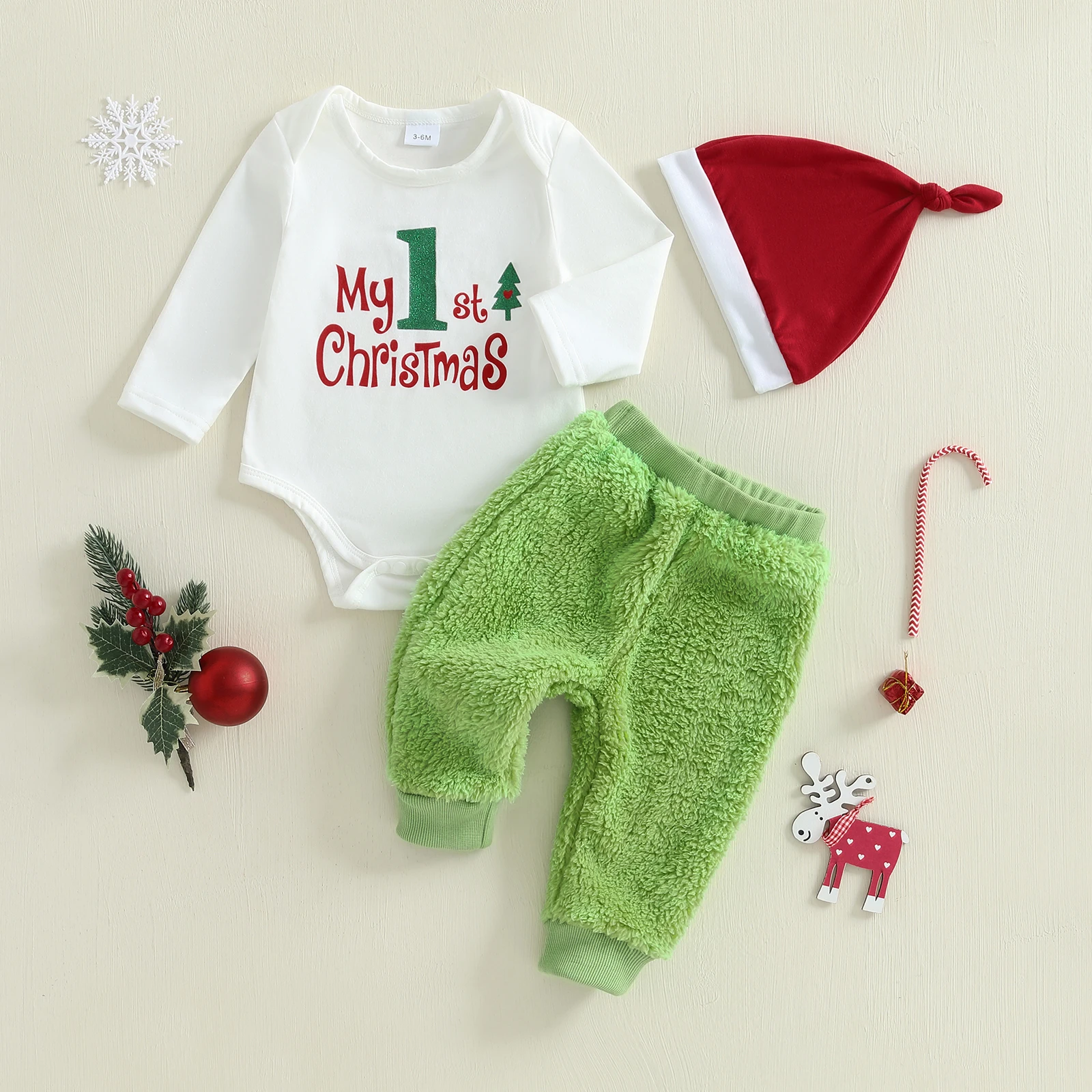 

0-18M Infant Baby Boy Girl My 1st Christmas Clothes Letter Print Long Sleeve Round Neck Romper Plush Pants with Hat 3Pcs Outfits
