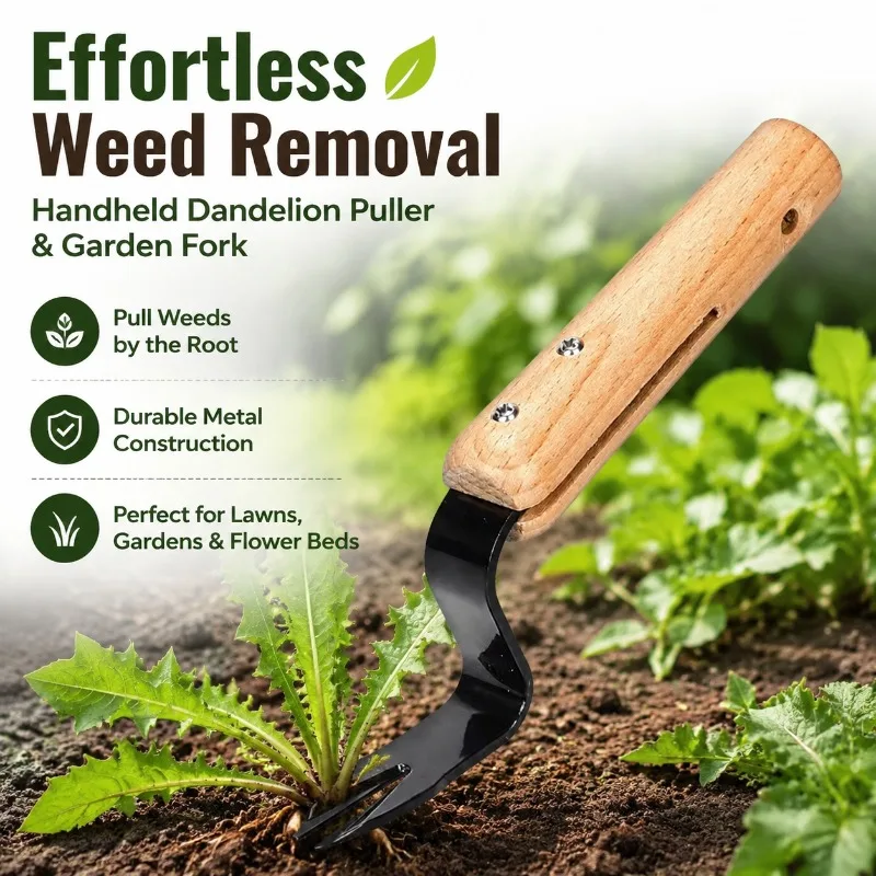 Wooden Handle Weeding Fork Garden Lawn Weed Remover Hand Cultivator Tool Household Courtyard Loosening Soil Root Lifter