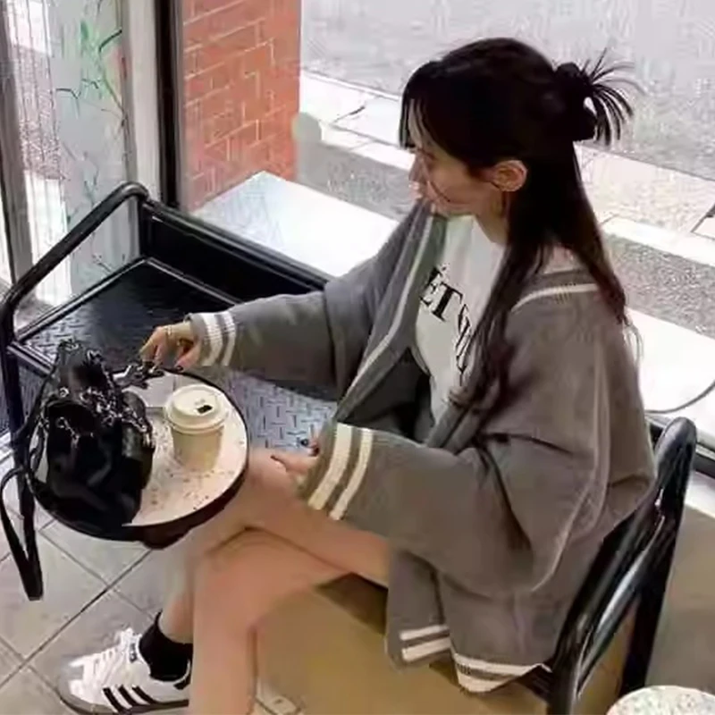 Suéter de punto de manga larga con cuello en V para mujer, abrigo e de estilo perezoso de otoño, plones cortos de ...