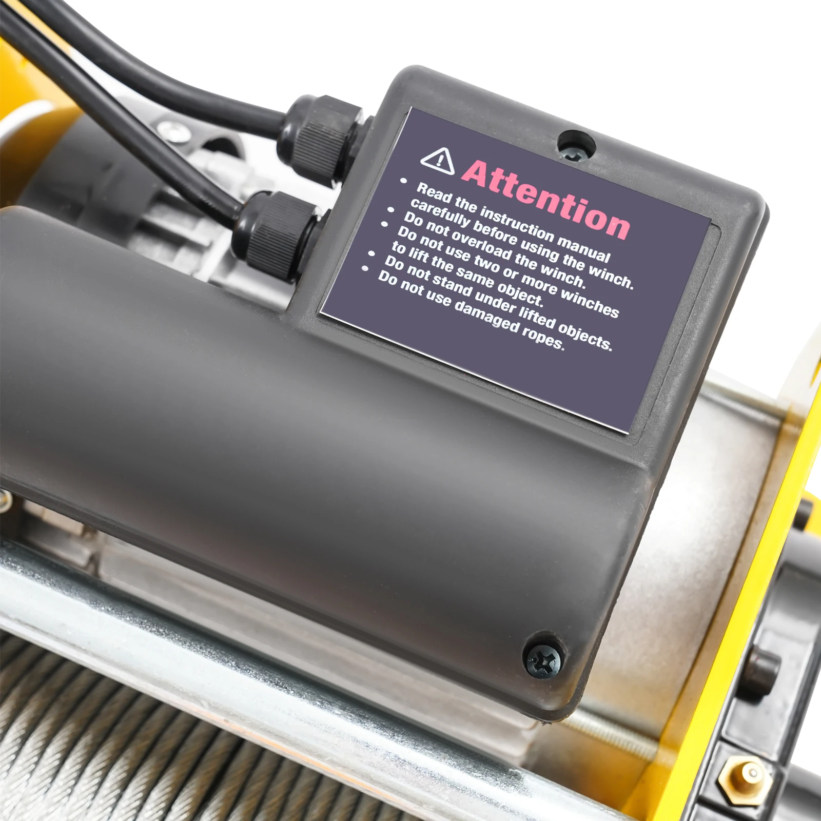 รอกไฟฟ้าสีเหลือง 110V/60Hz 400กก./881ปอนด์ พร้อมรีโมทแบบมีสาย, รอกไฟฟ้า 881 ปอนด์ พร้อมสายสลิงเหล็กยาว