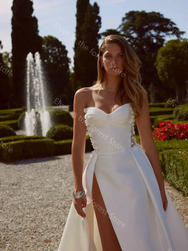 Vestidos De novia De satén sencillos, apliques florales, Vestidos De novia sin mangas, longitud hasta el suelo con abertura lateral, Vestidos De novia personalizados