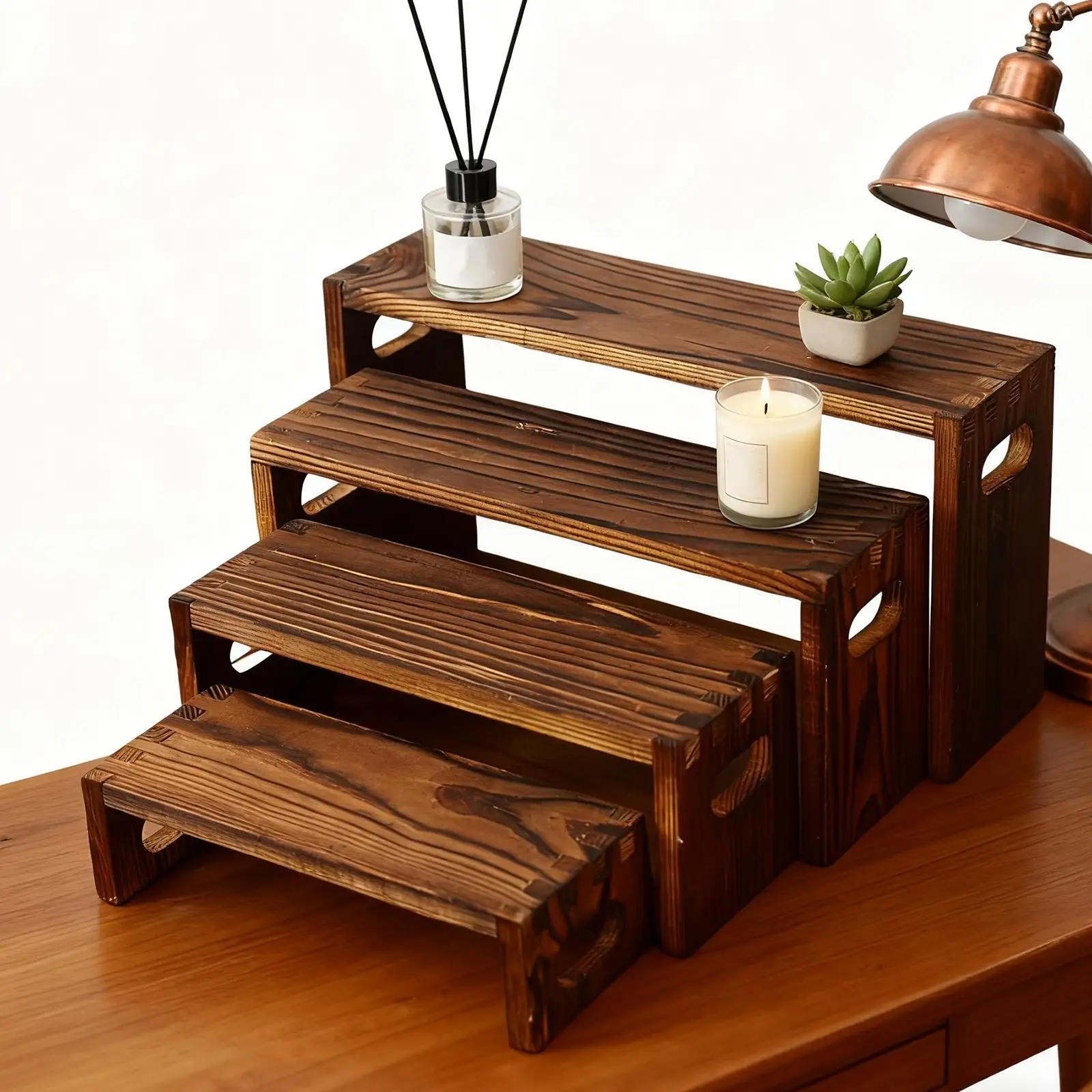 

4x Wooden Tiered Riser Display Stands Spice Rack Cupcake Food Perfume Jewelry Shelf Organizer for Dresser Kitchen Awards