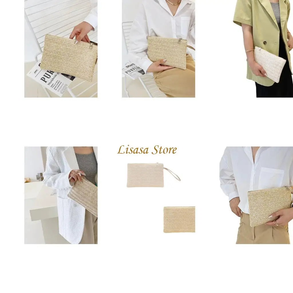 

M6CC Women Hand Wrist Type Straw Clutch Bag Weaving Bag Bohemian Summer Beach Sea Handbag Wristlet Bag Purse Zipper Wristlet