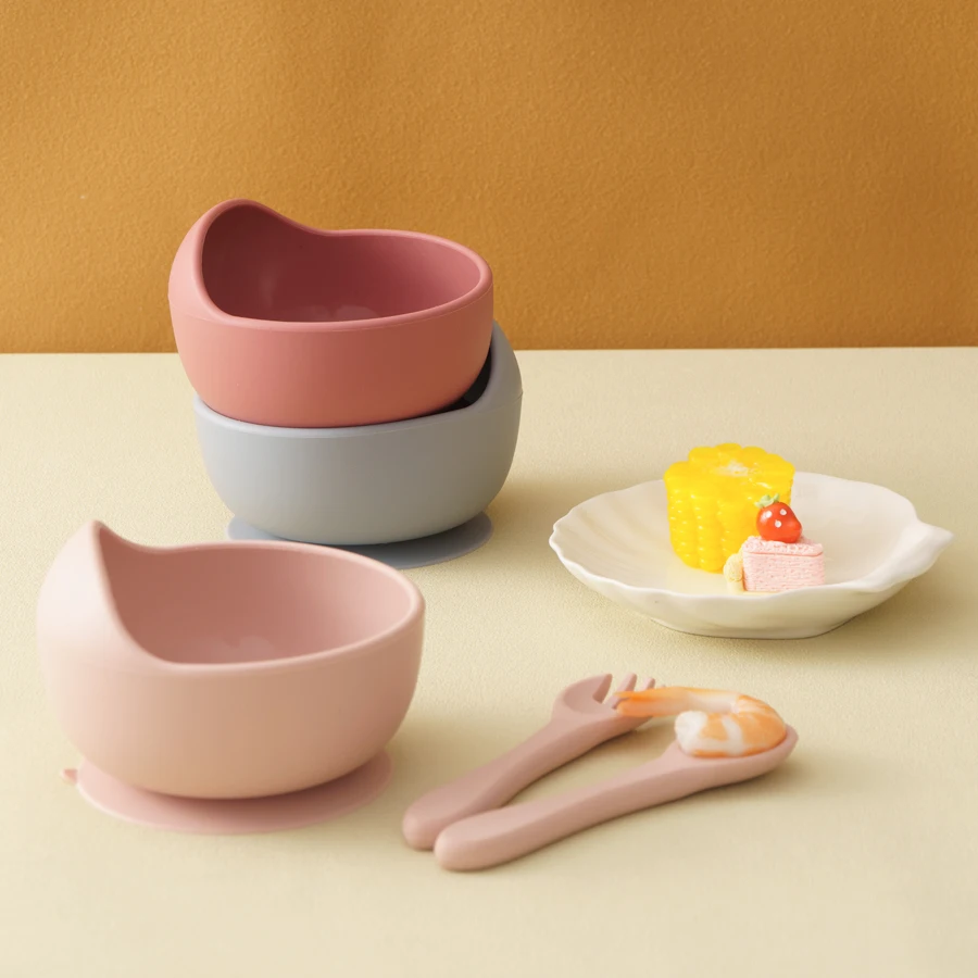 3PCS Baby Silicone Dinner Set Suction Dishes Waterproof Spoon Fork Feeding Training Sets For Children Food Grade Baby Tableware