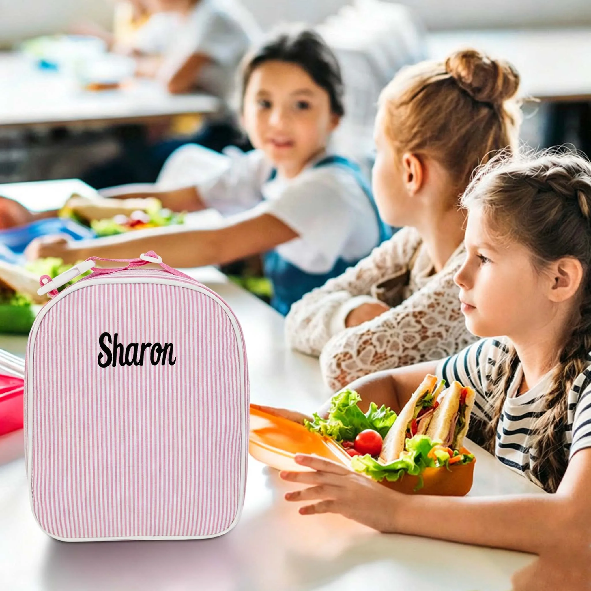 Personalized Embroidered Seersucker Lunch Bag, Macaron Color Kids Lunch Box Tote, Portable Insulated Meal Carry Bag for School