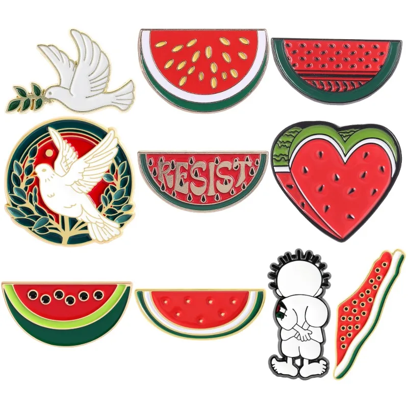 Watermelon Enamel Pins Custom Keffiyeh Pattern Heart World Peace Resist Brooches Lapel Badges Clothes Jewelry Gift for Friends