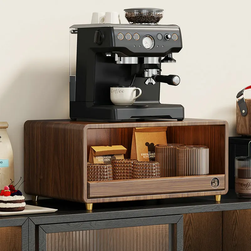 Walnut colored coffee machine height-increasing shelf, solid wood dining storage cabinet, countertop storage shelf with drawer