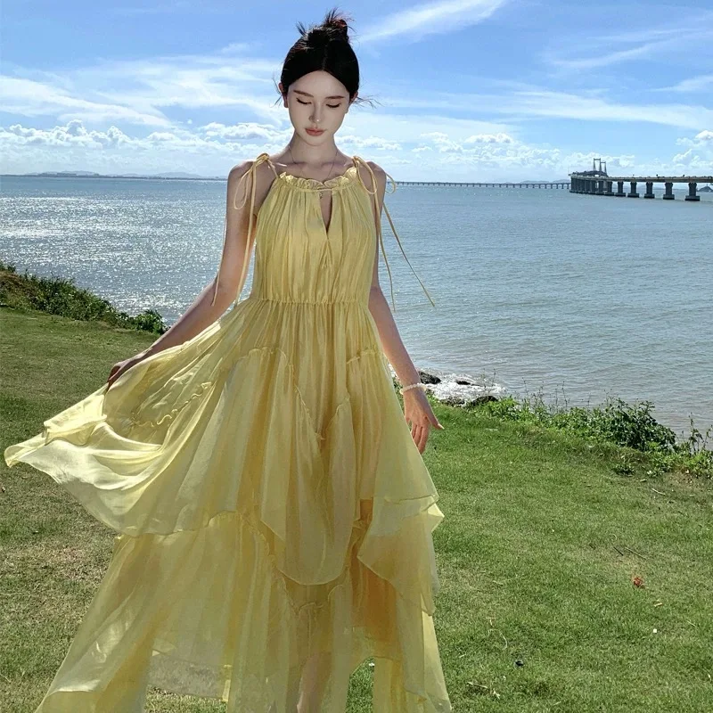 Senhoras mulheres verão vestidos longos amarelo na moda tropical doce boêmio vestido feminino cordão bolo camadas cintura praia vestidos