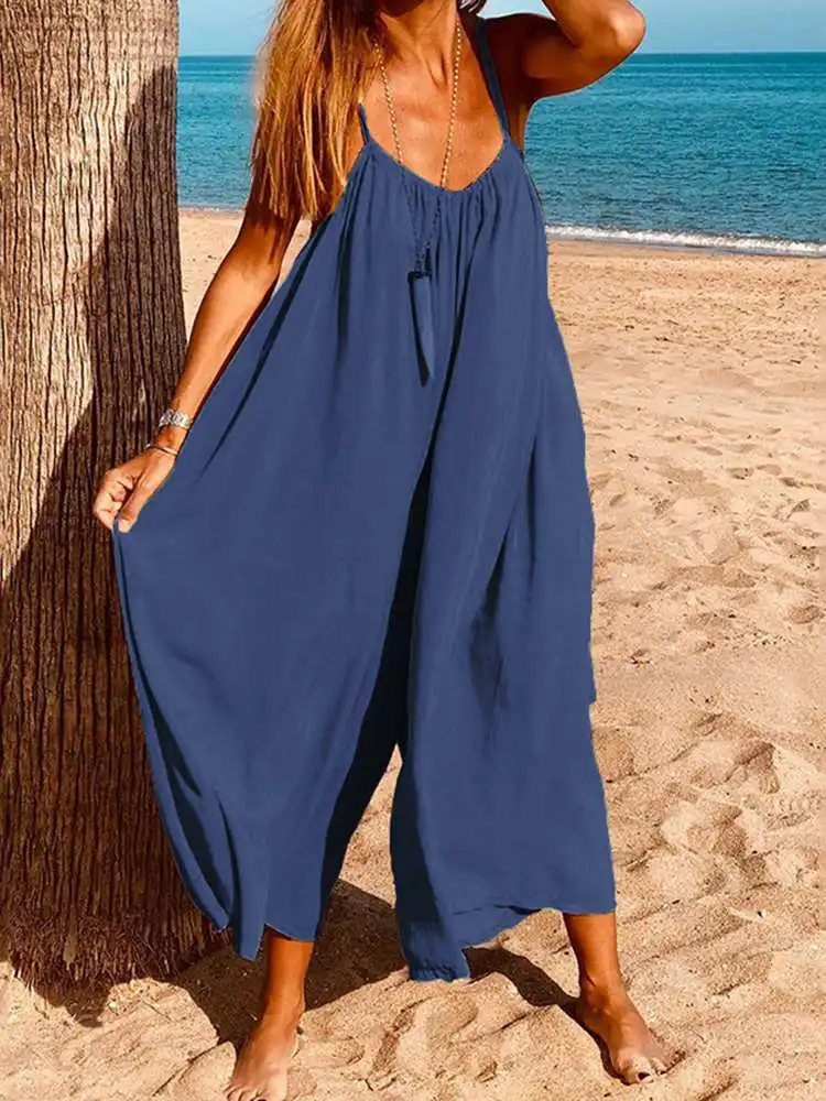 Mode Lange Playsuits Vonda 2024 Vrouwen Sexy Mouwloze Jumpsuits Zomer Losse Stevige V-Hals Overall Wijde Pijpen Broek Oversized