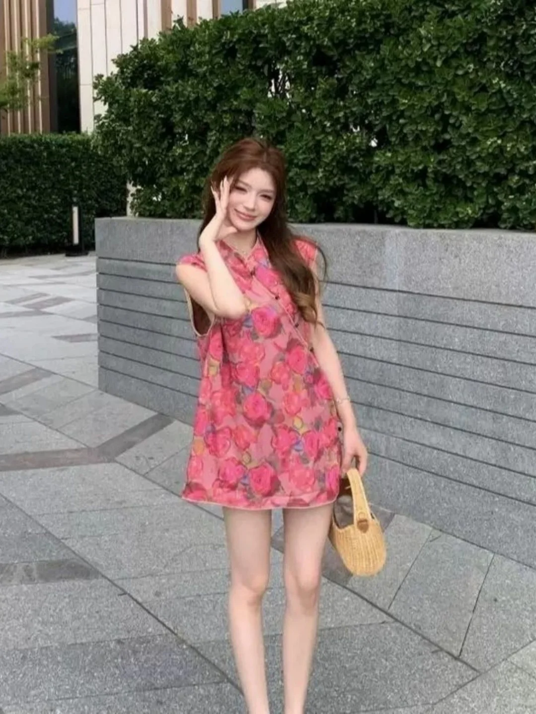 Retro Button Splice Sleeveless Vest Women's Extra Large Size Casual Slimming Top Floral Design Loose Fit round Neck Summer