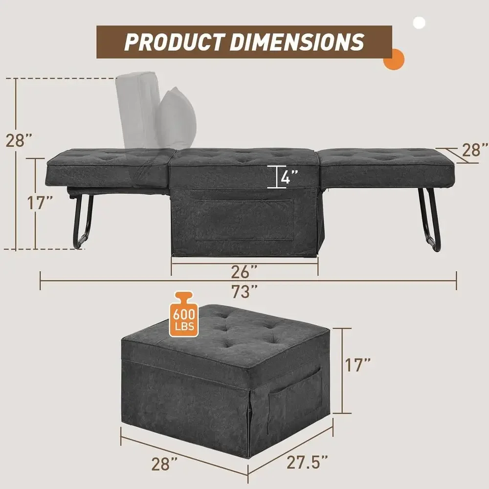 Multi-Function Ottoman Bed with Adjustable Backrest, Sleeper Chair, and Storage in Gray (Medium-28 Width)