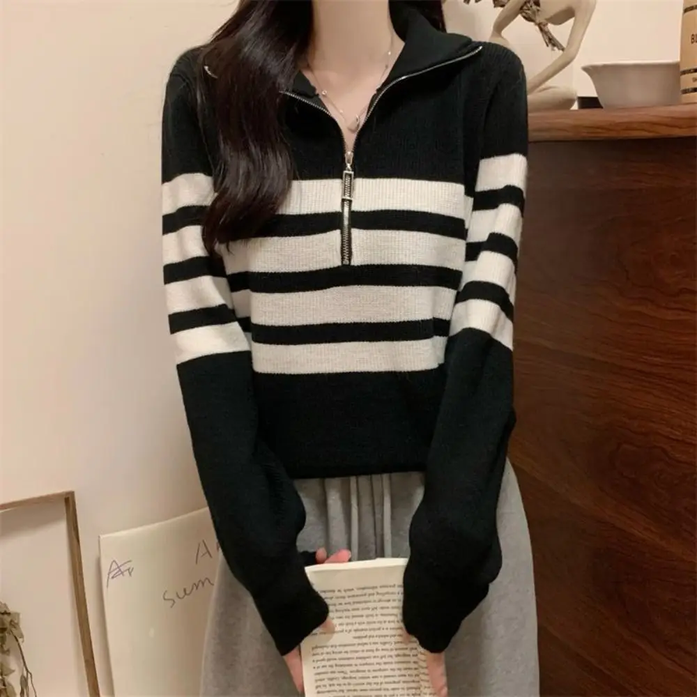 

Fashion Long Sleeve Knit Stripe Sweater Slim Fit Autumn Winter Knitted Crop Top Zipper Soft Sweet Girl's Pullover Girl