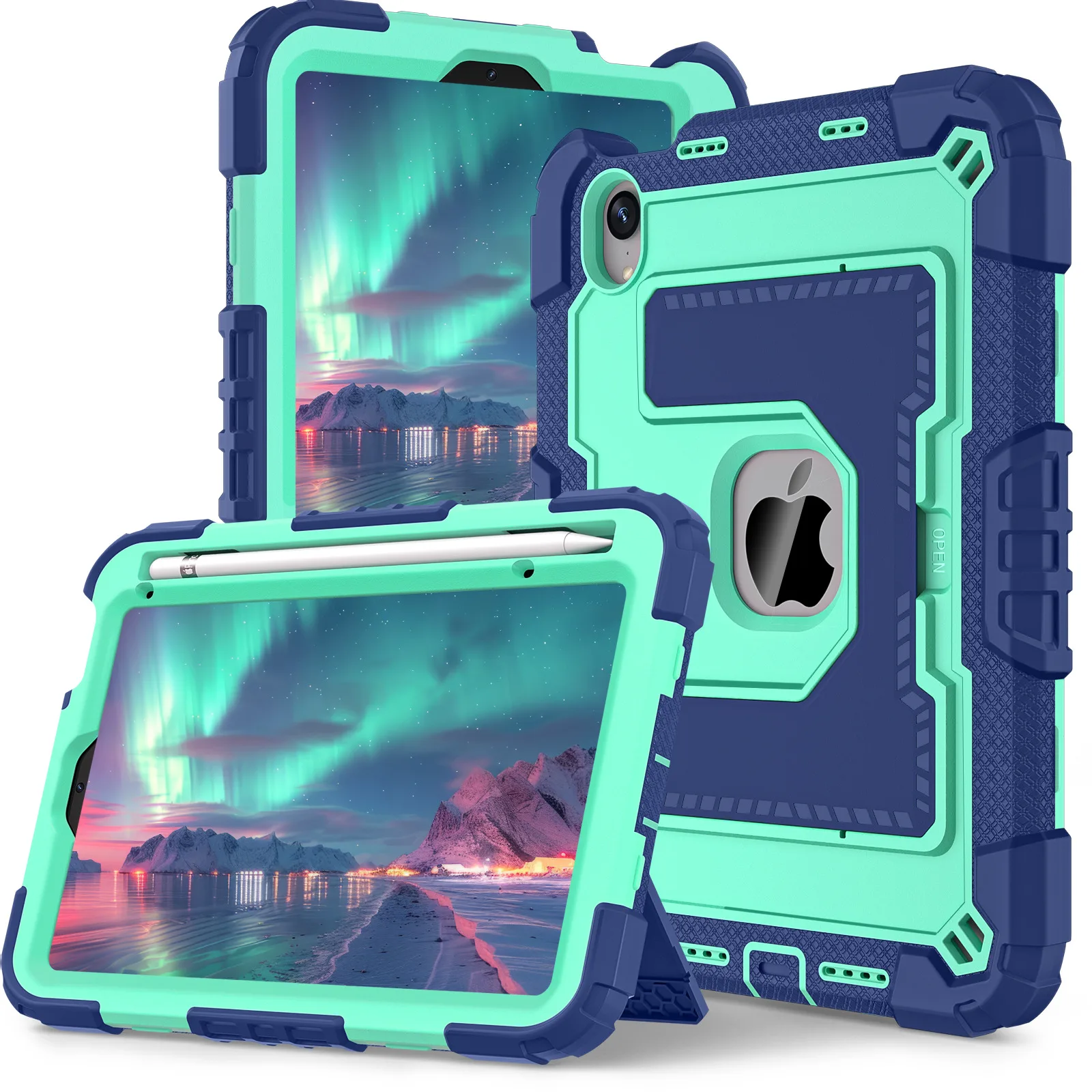 

For iPad mini (2024) / (2021) Anti Drop PC + Silicone Tablet Cover with Kickstand and Pen Slot - Navy Blue+Mint Green