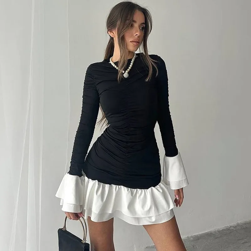 

Ticketsx Contrast Ruffled Mini Dress Women Fashion New Ruched Patchwork High Waist Slim Dress Elegant Commuter Streetwear Dress