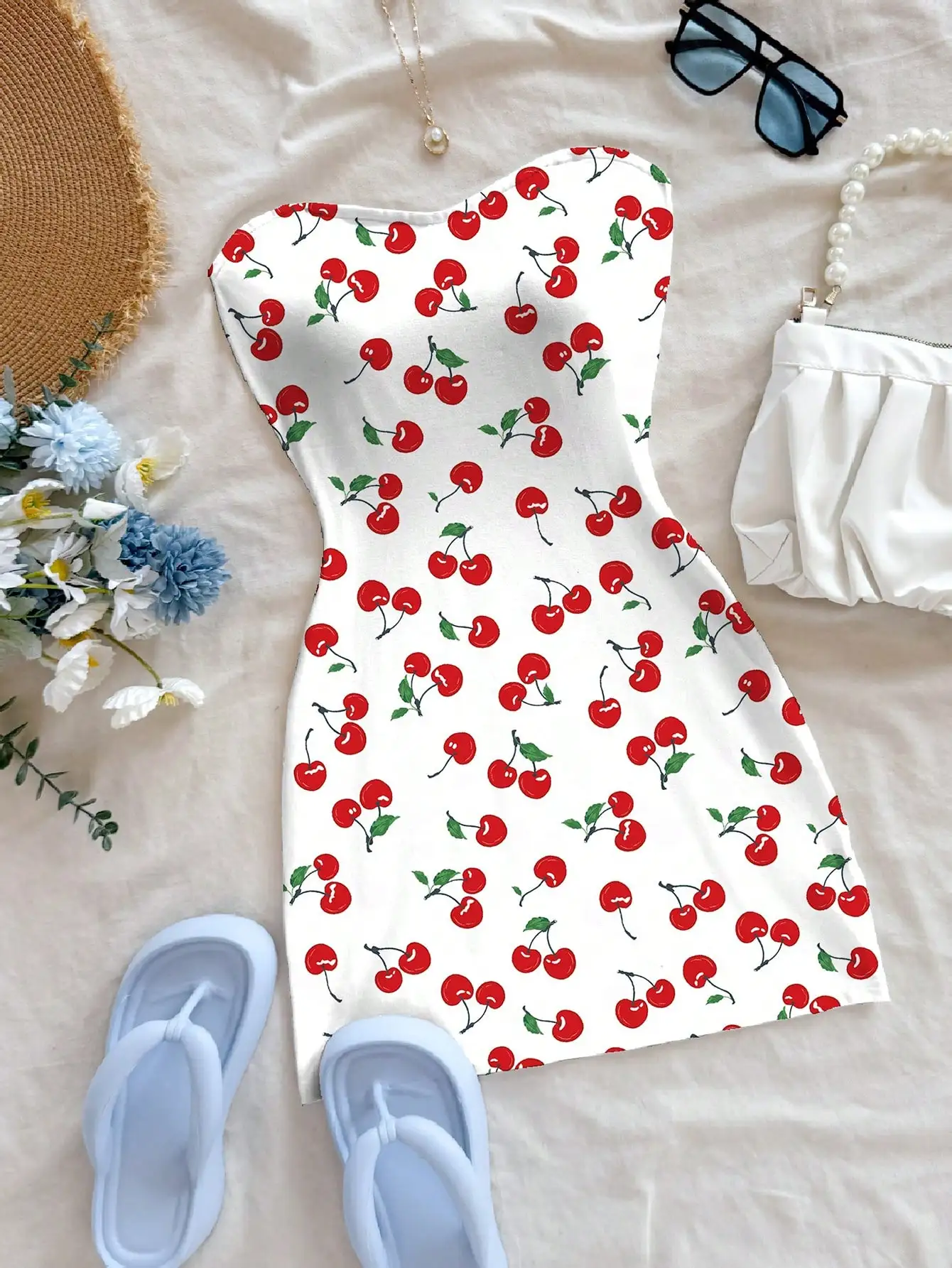 

Женское мини-платье-бандо с вишневым принтом, стиль летних каникул, милый фруктовый узор, облегающее платье без рукавов