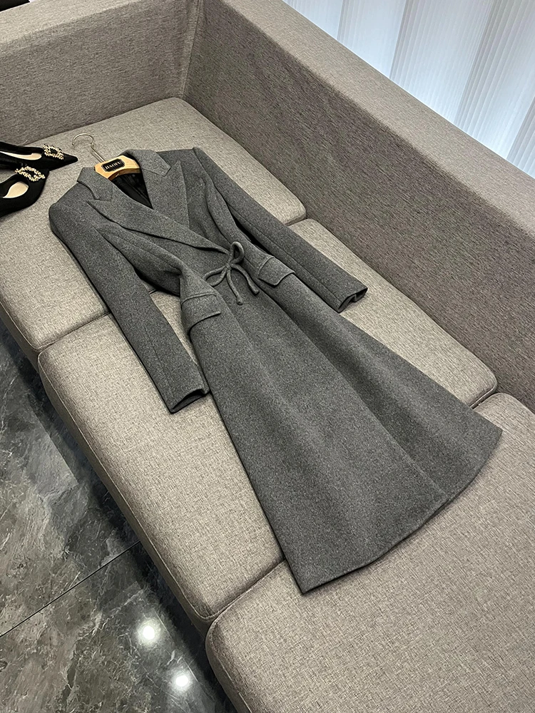 

Осенне-зимнее модное облегающее длинное пальто-камерер с узлом, женская ветровка Ele A05503