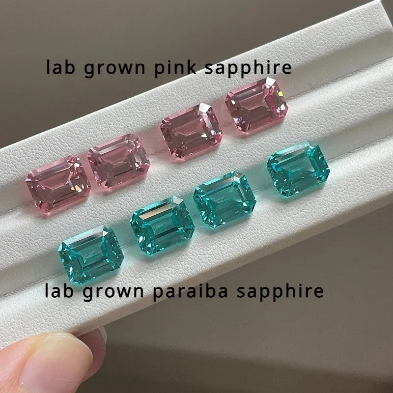 

Ruihe New Hand Made Pink Color Lab Grown Sapphire Emerald Cut Loose Gemstone for Earrings Ring DIY Jewelry Making Charms