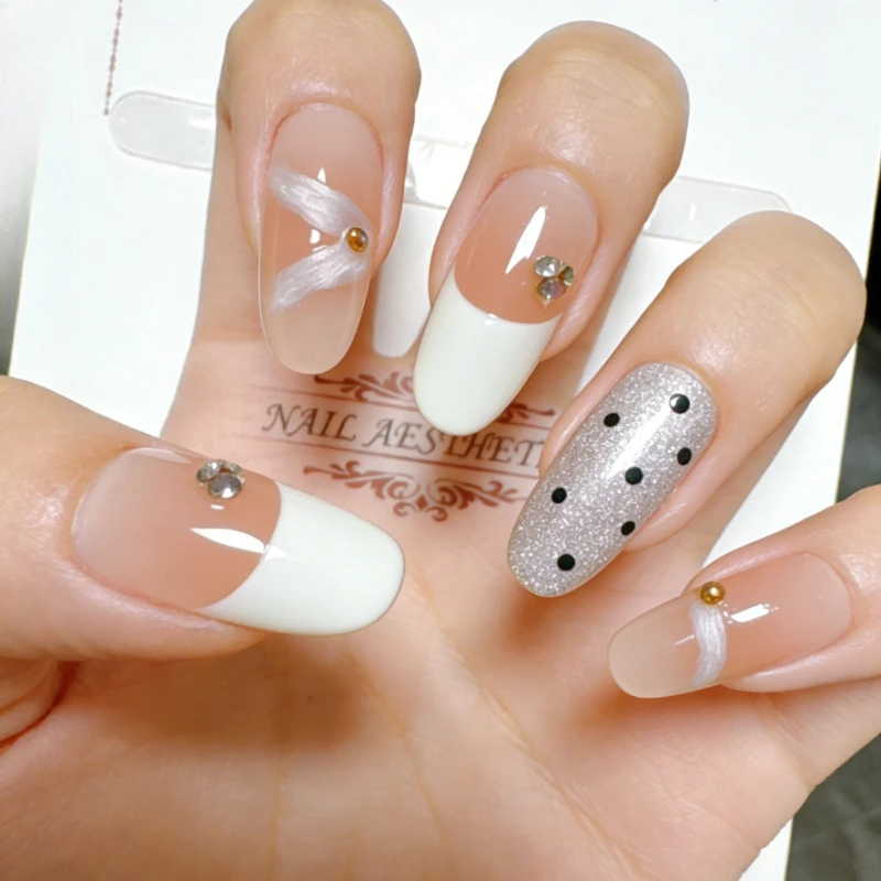 Handmade French Almond Press on Nails With a Drill Artificial Nails With Simple Designed Fake Nails Polka dot Nails Store 10PCS