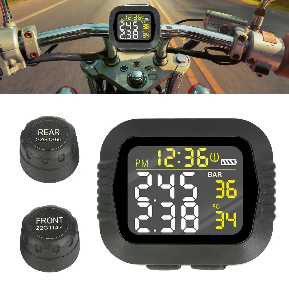 Tire Pressure Monitoring System LCD Colorful Display With 2 External Sensors Motorcycle TPMS Temperature Alarm Digital Clock