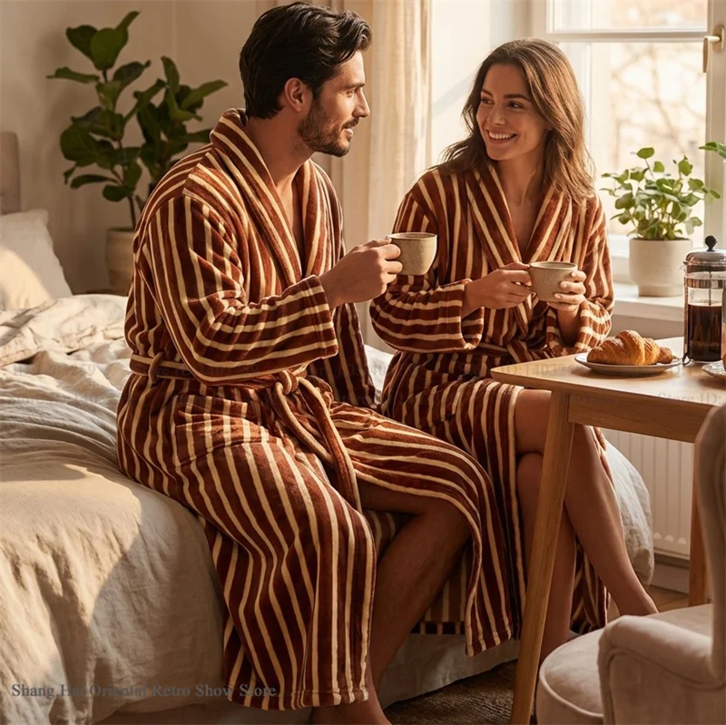 Couple Coral Fleece Bathrobe Retro Brown Stripe Long Robe Shawl Collar Belted Warm Plush Sleep Robe Pockets Men Women Loungewear
