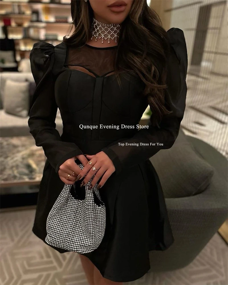 Qunque Modern Customized Evening Dresses Black Prom Dress Formal Party High Neck Robes Puff Sleeves Above Knee Vestidos De Gala