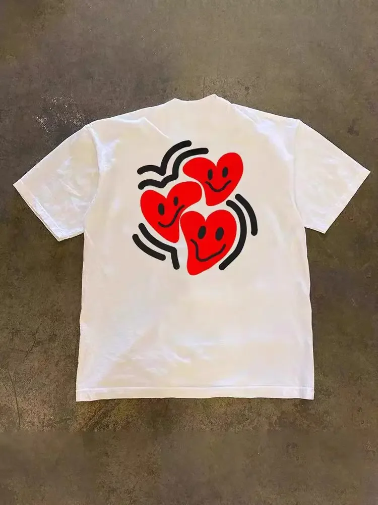 Smiley Heart Graphic Print T-shirt Men Cotton Short Sleeve Y2K Cute Love Heart Loose Oversized Streetwear Casual Daily Tops