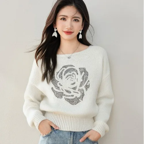 

Women Embroidered Beaded Flower Pullover Fall Knitted Sweater Soft Long Sleeve Lazy Style Top