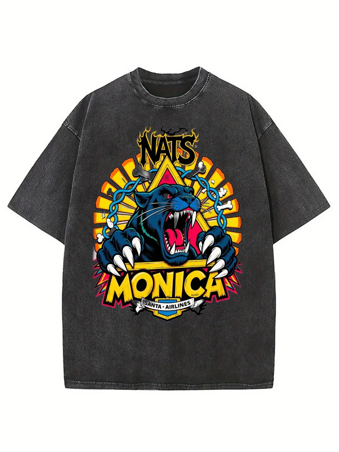 Nats Monica Fierce Panther Graphic T-Shirt - Unisex Oversized Vintage Washed Blue T-Shirt with Fierce Panther Nats Monica Print, Y2K Streetwear Hip-Hop Rock Retro Style, Ultra-Soft Breathable Drop-Shoulder Loose Fit Crew Neck Short-Sleeve Top, Suitable for Men, Women, and Teenagers - Casual and Eye-Catching Clothing, Graphic T-Shirt, Graphic T-Shirt, Men's Graphic T-Shirt, Men's T-Shirt