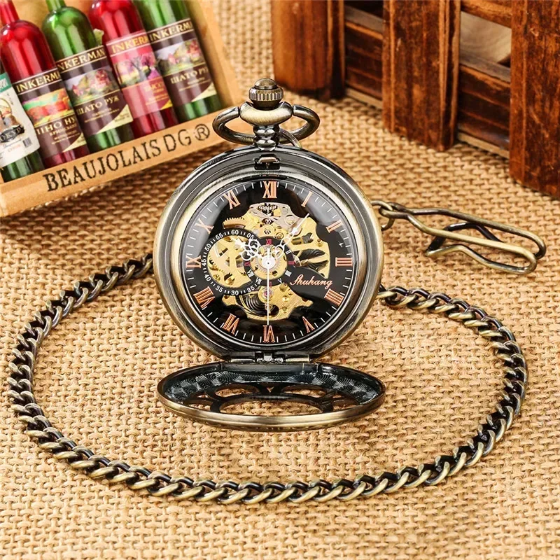 Vintage Style Pocket Watch Hollow Out Case Men's Handwinding Mechanical Watches Roman Numeral FOB Pendant Chain Timepiece Gift