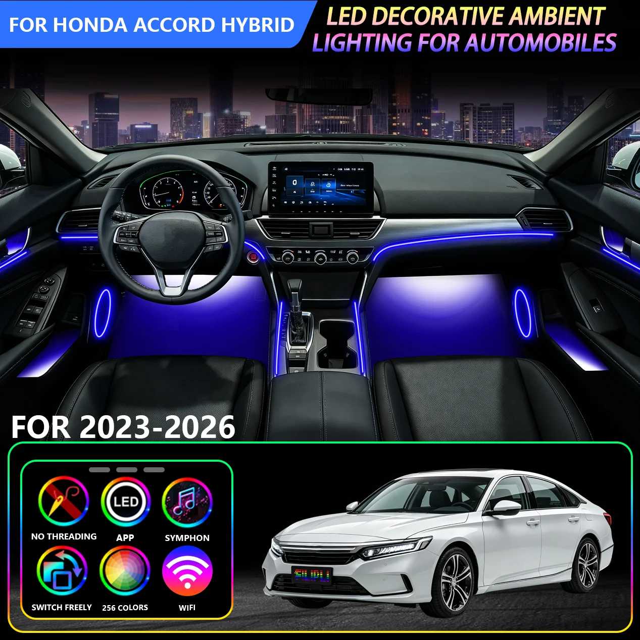 Car Ambient Atmosphere Light, Sound Activated Beat Flashing, Fit For Honda Accord Hybrid  2023 2024 2025 2026, Hybrid Multiple Color Transition Effects, Easy‑to‑Install Car RGB 18 In 1 Interior Decor Light