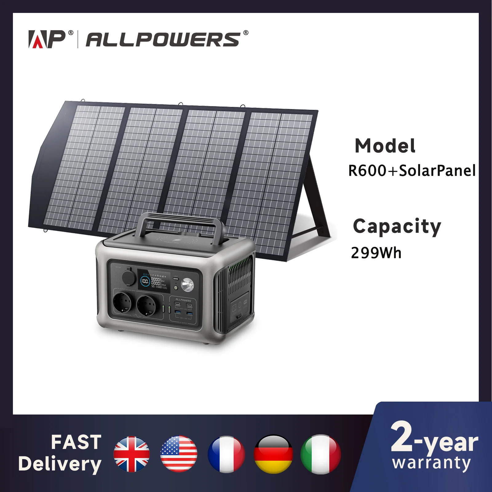 ALLPOWERS R600 Powerstation Lifepo4 Battery 299Wh 600W Solar Generator (Recharge from 0-100% in 1 Hour) With 200W Solarpanel