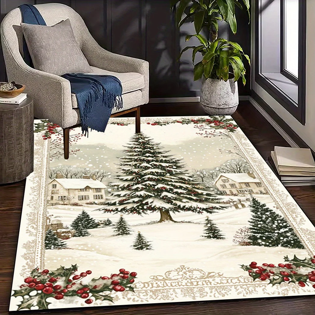 1pc Christmas Village Scene Area Rug, Washable Snow‑Scene Festive Design, Christmas Home Decor Rug for Living Room