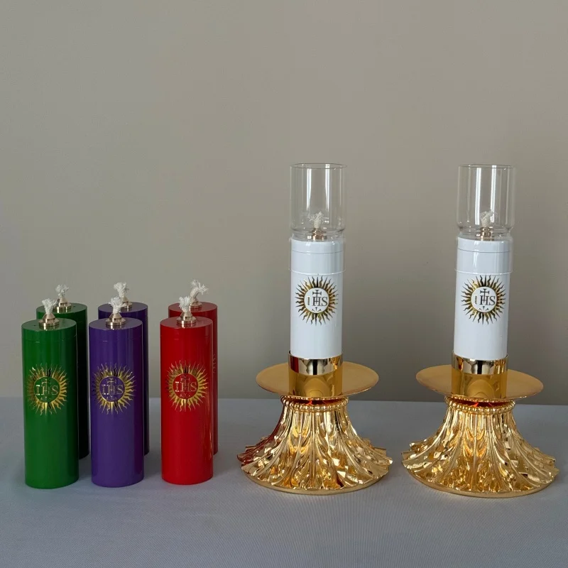 Catholic Religious Ghee Candle Holder With Glass Hurricane Altar Butter Oil Candlestick Base With Gold Gilded Church Supplies