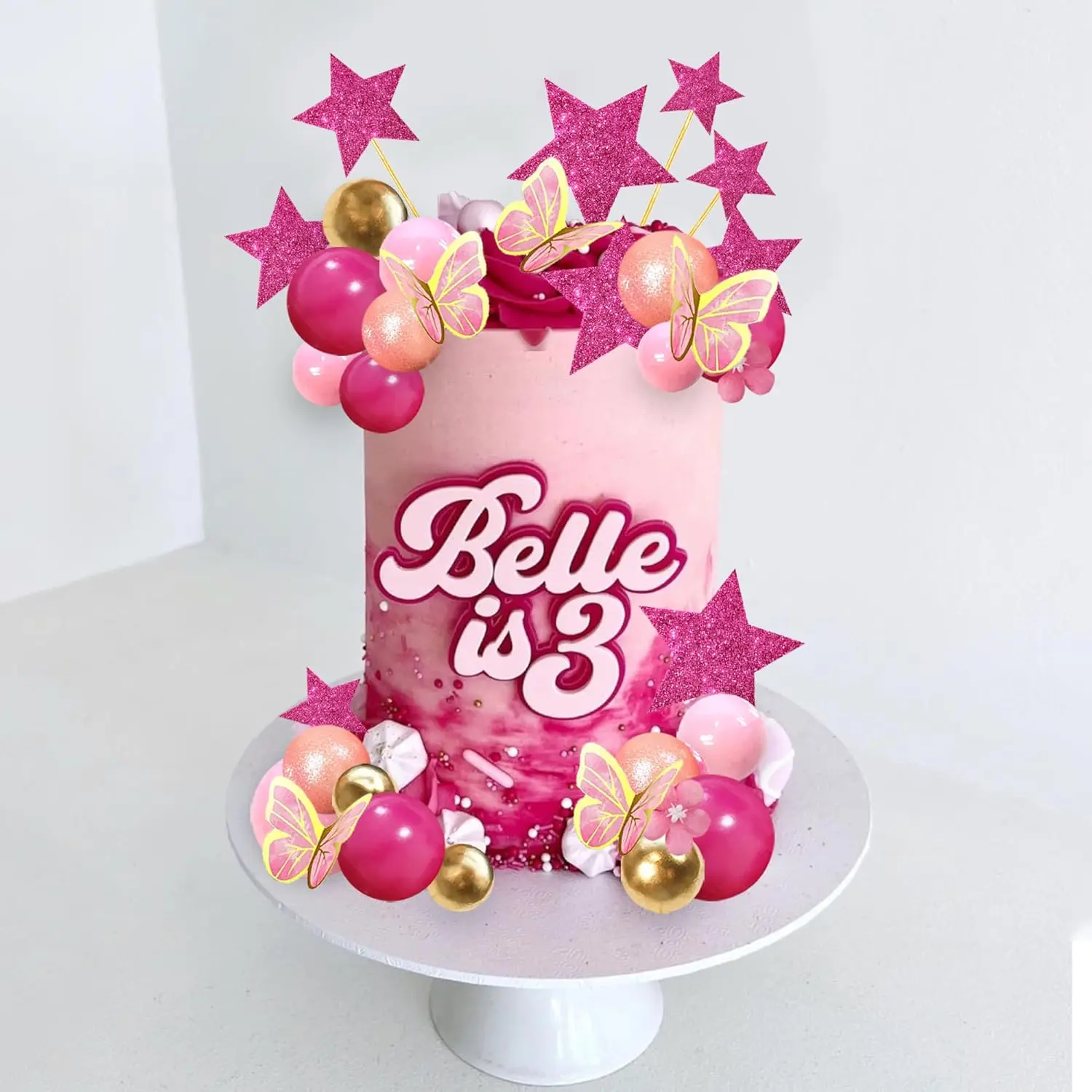 قطع علبية للكعك الوردي لحفلة أعياد الميلاد ، كرات ذهبية دمية نجمة ، تزيين كعكة موضوع الفتاة ، وردي ساخن ، 46 فراشة
