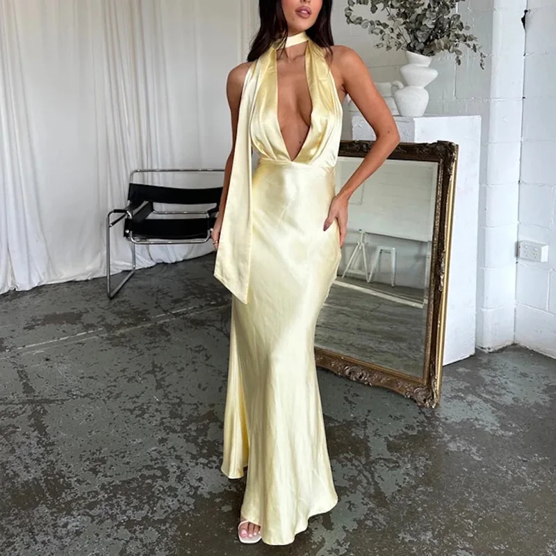 Fashion Backless Halter Dresses Spring Women V Neck Sleeveless Slim Long Dress Summer High Waist Pullover Ankle Length Dress