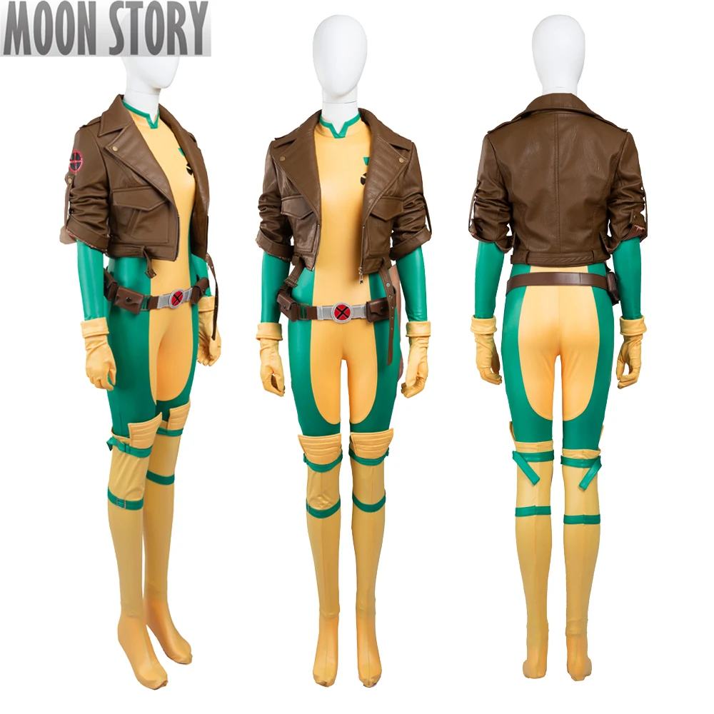 Cosplay de super-herói Rogue Mary X-Men e feminino macacão bodysuit adulto, traje de couro com casaco, roupa de Halloween, conjunto completo