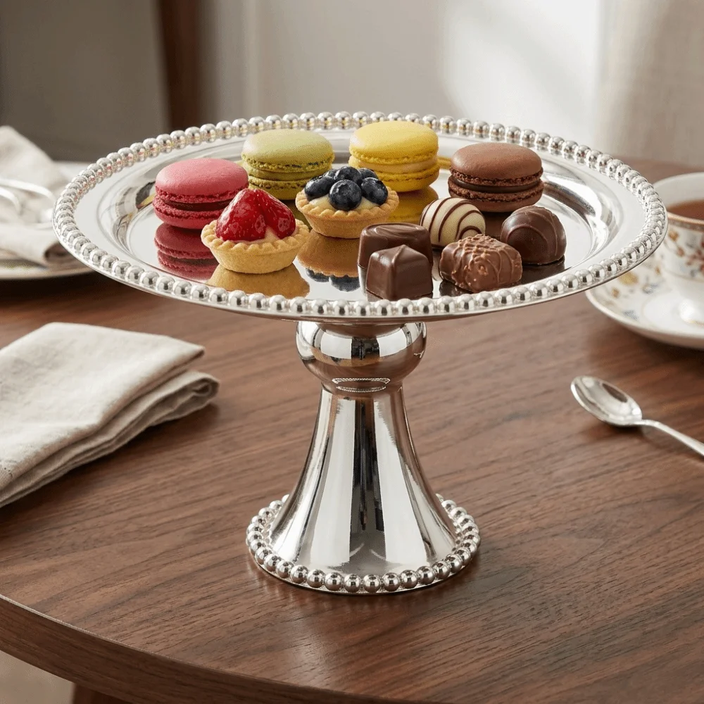 Iron Metal Cake Serving Tray Smooth Round Flat Dessert Tray Tall Stem Pedestal Base Stable Display Plate Gathering Serving