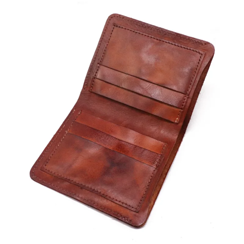 First-Layer Cowhide Wallet with Multiple Card Slots Vegetable-Tanned Leather Wallet Pleated Retro Vertical Mini Wallet