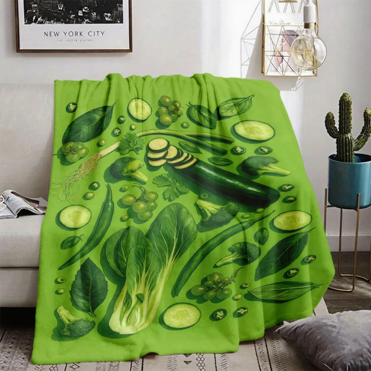 Fresh Green Vegetable Flannel Throw Blanket, Healthy Veggie Cucumber Broccoli Soft Warm Blanket Bed Home Decor Gift Ideas Now