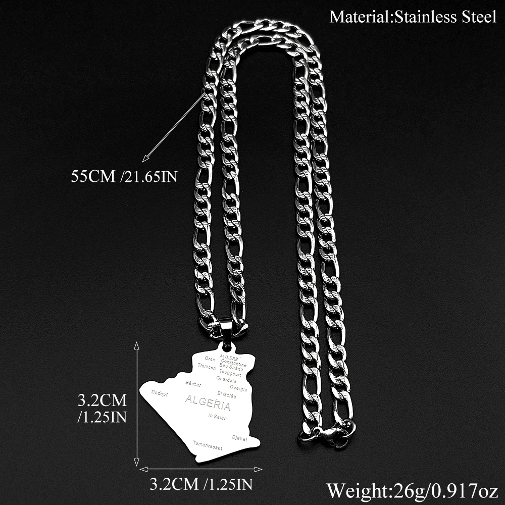 Algeria Map Cities Name Pendant Necklace for Men Women Stainless Steel Gold Plated Algerian National Geography Chain Jewelry