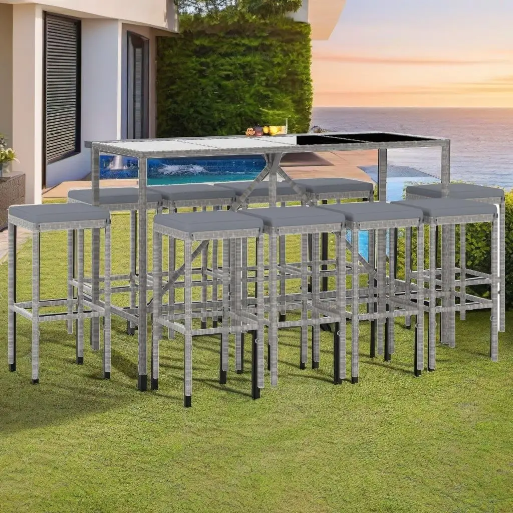 11-Piece Gray Poly Rattan Patio Bar Set with Cushions - Stylish Outdoor Furniture