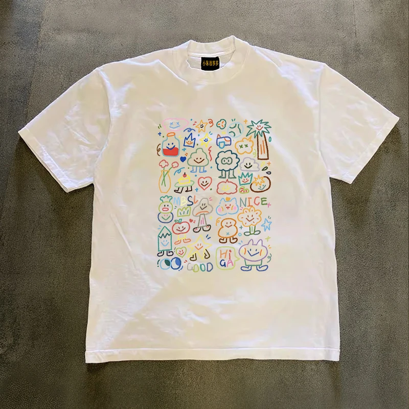 

Свободная футболка с коротким рукавом из чистого хлопка с двойной строчкой в американском ретро-стиле для пар, мужчин и женщин, повседневная летняя одежда